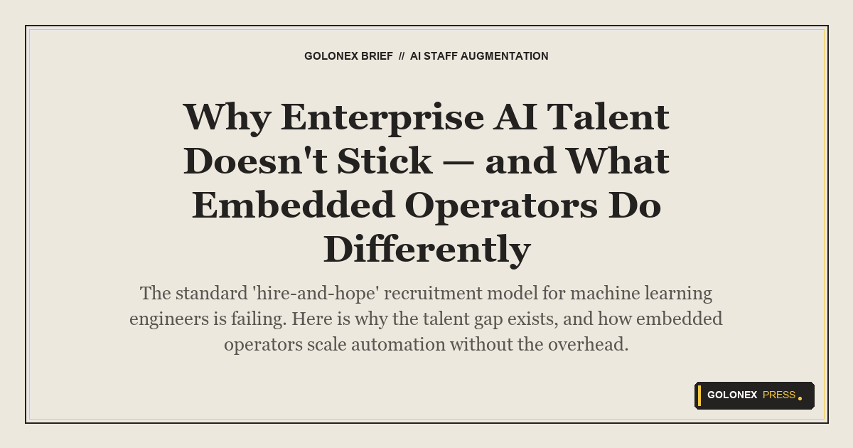 Branded Golonex Press featured graphic illustrating a specialized embedded AI engineer slotting cleanly into an active corporate development team